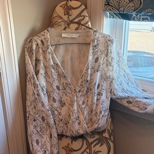 Astr Black and White Floral Wrap Blouse